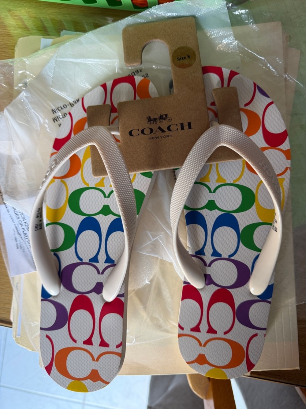 Coach Multicolor Signature Flip Flops with White Straps 8.5 BNWT